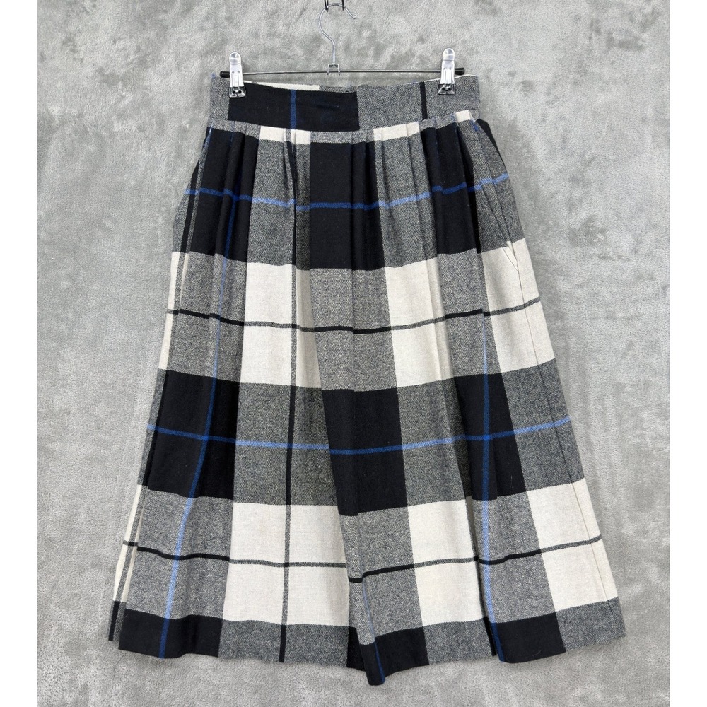 Vintage Claude Skirt Womens Size XS Midi Wool Plaid Pockets Modest Preppy Black